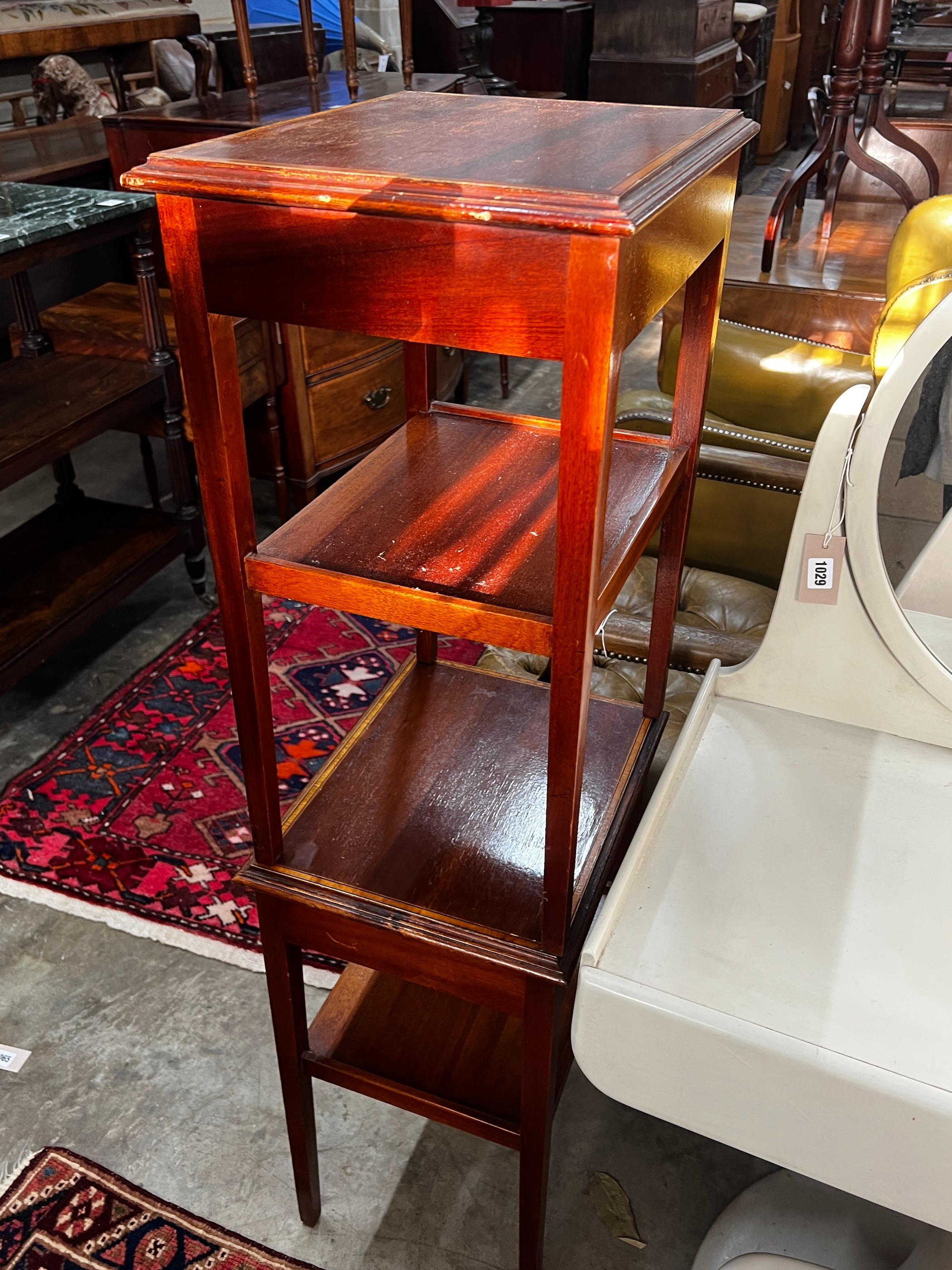 Two pairs of Edwardian style satinwood banded mahogany two tier bedside tables, width 39cm, depth 33cm, height 62cm